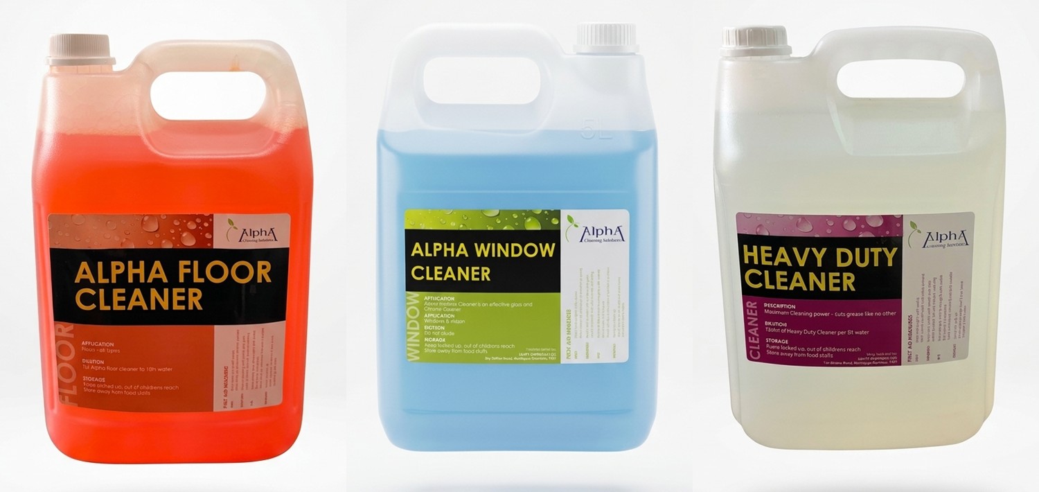 Alpha Floor Cleaner, Alpha Window Cleaner and Heavy Duty Cleaner